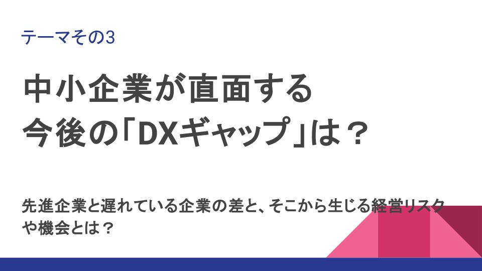テーマその3:中小企業が直面する
今後の「DXギャップ」は?
先進企業と遅れている企業の差と、そこから生じる経営リスクや機会とは?