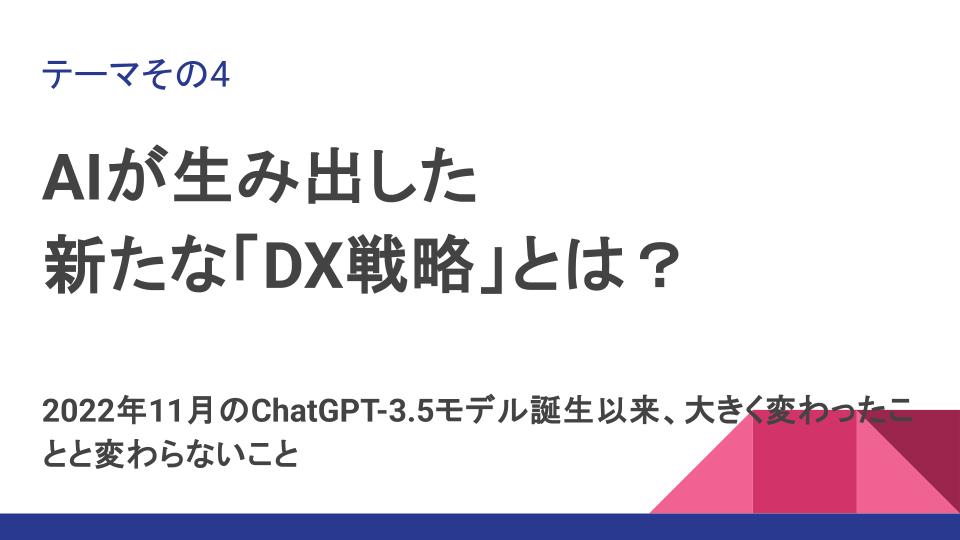 テーマその4:AIが生み出した
新たな「DX戦略」とは?
2022年11月のChatGPT-3.5モデル誕生以来、大きく変わったことと変わらないこと