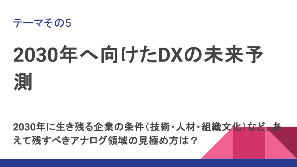 テーマその5:2030年へ向けたDXの未来予測
2030年に生き残る企業の条件(技術・人材・組織文化)など。あえて残すべきアナログ領域の見極め方は?