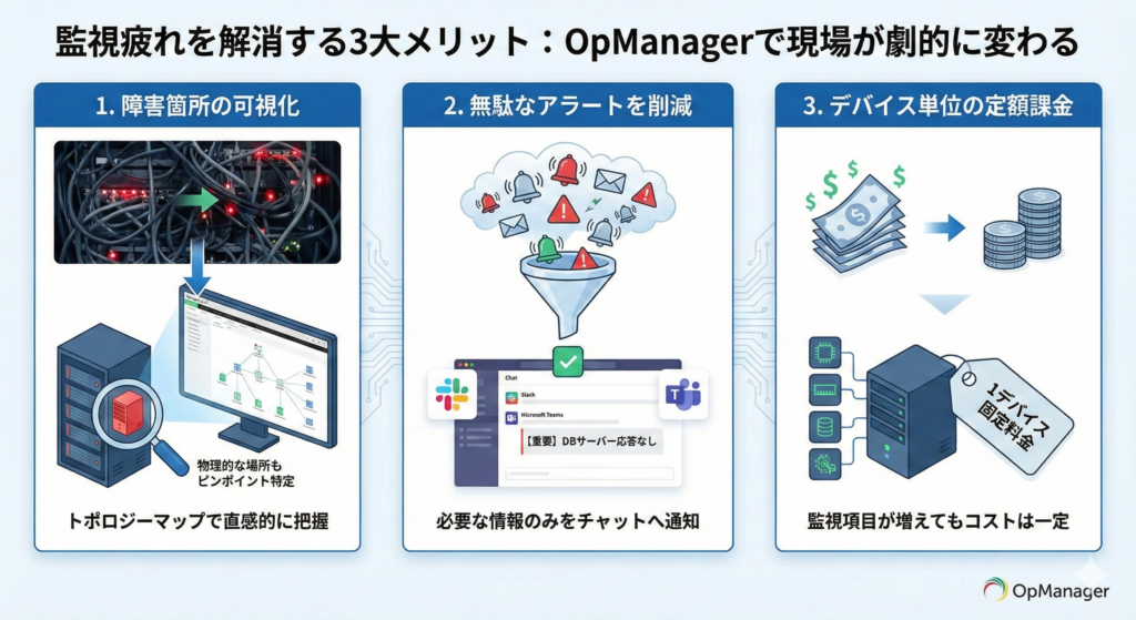監視疲れを解消する3大メリット。OpManagerで現場が劇的に変わる