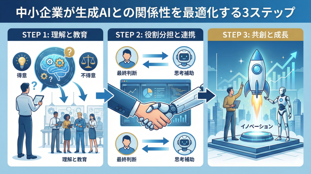 中小企業が生成AIとの関係性を最適化する3ステップ