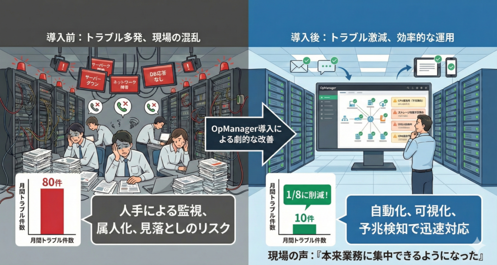 【事例】トラブルが8分の1に。現場のリアルから学ぶOpManagerの改善成果
