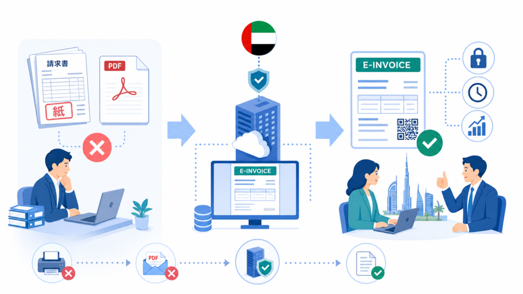 UAE電子インボイス制度が投げかける問い:紙とPDFは「証拠」でなくなるで扱う状況を、人物・業務・仕組みの関係から分かりやすく示した図解