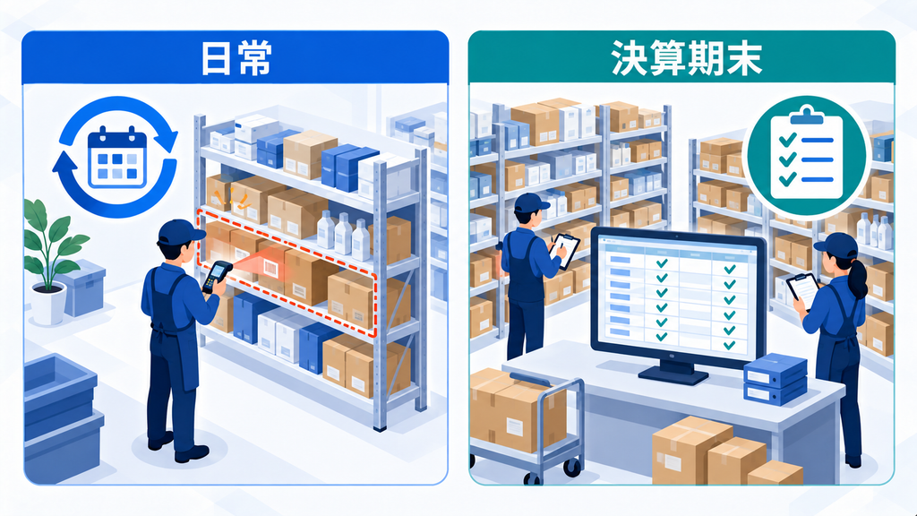 日常は区画ごとに在庫を確認し、決算期末は現物と帳簿を照合する棚卸の違い