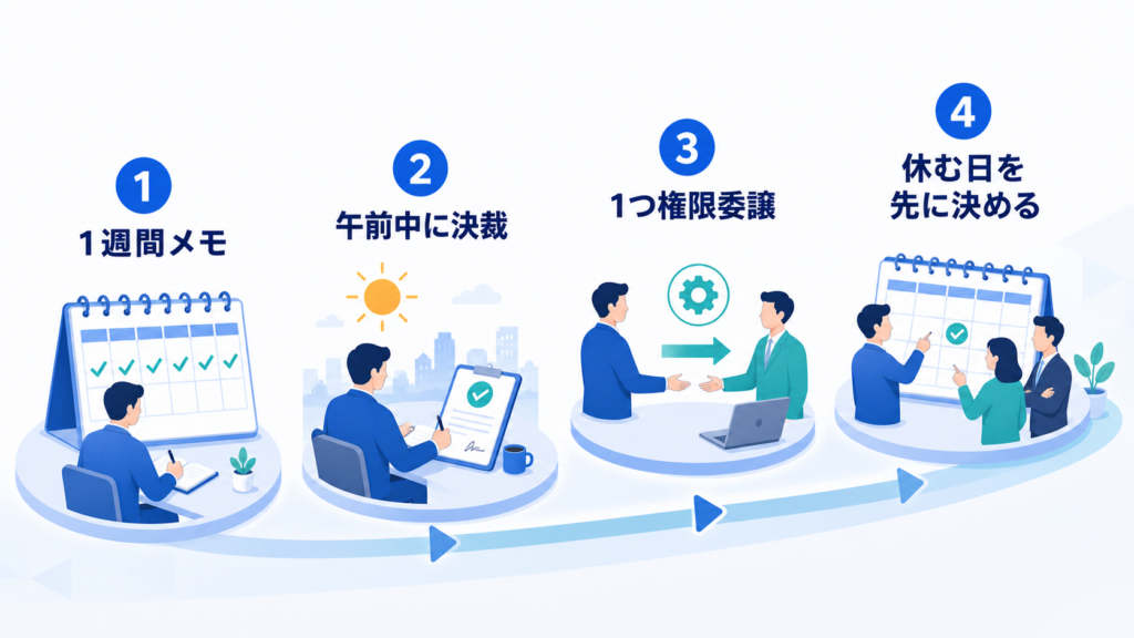 睡眠の記録、午前中の決裁、権限委譲、休む日の先行確保という四つの実践を示した図解