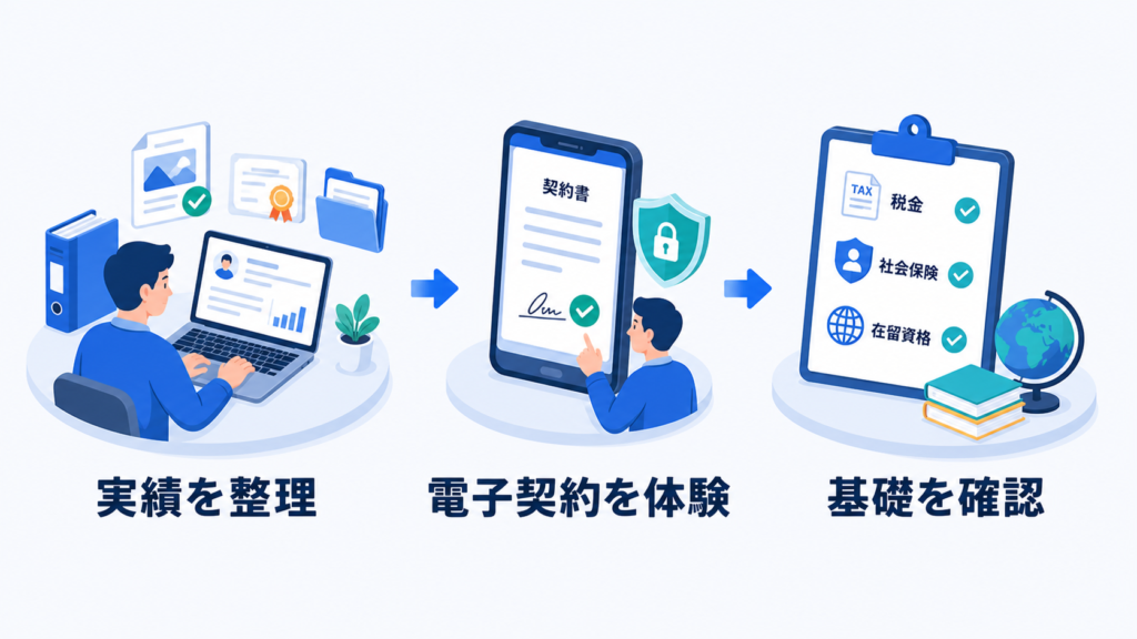 実績整理、電子契約の体験、基礎知識の確認から始める手順を示す図解