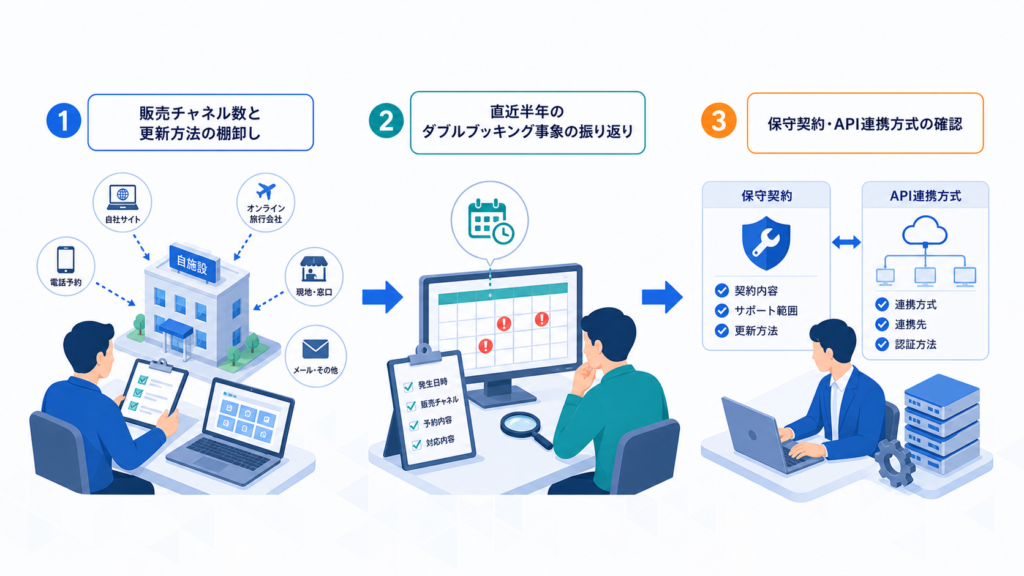 販売チャネル数と更新方法の棚卸しと直近半年のダブルブッキング事象の振り返りを中心に、この章で扱う要素の関係を整理した図解