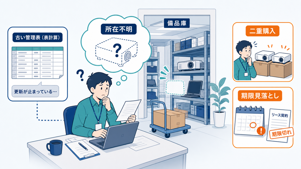 更新が止まった管理表により備品の所在が分からず、二重購入や期限見落としが起きる様子