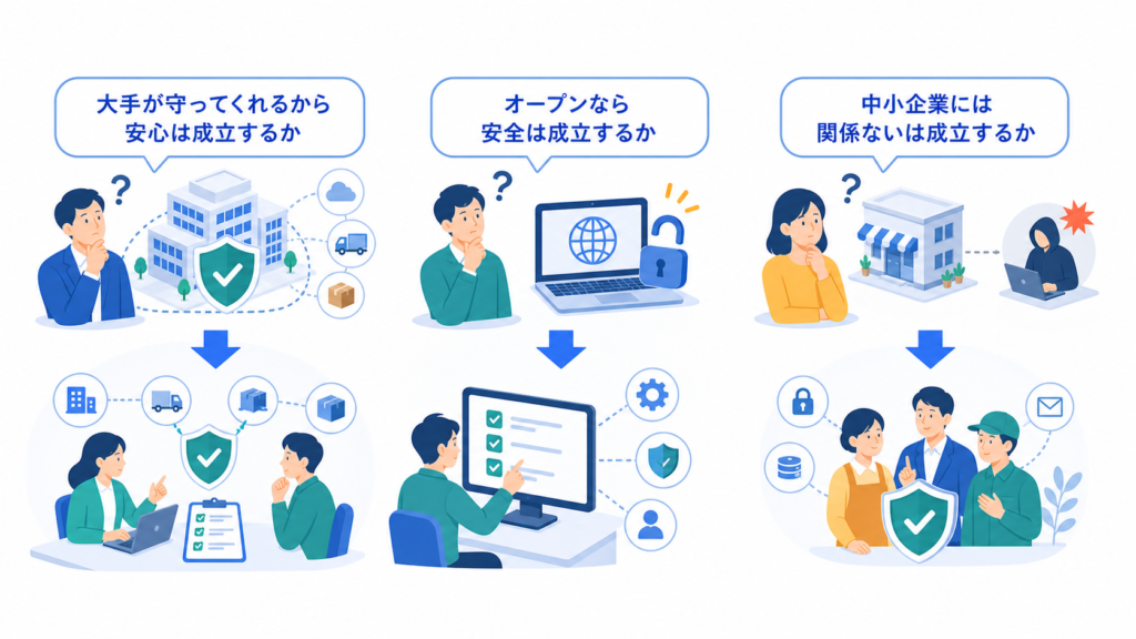 大手が守ってくれるから安心は成立するかとオープンなら安全は成立するかを中心に、この章で扱う要素の関係を整理した図解
