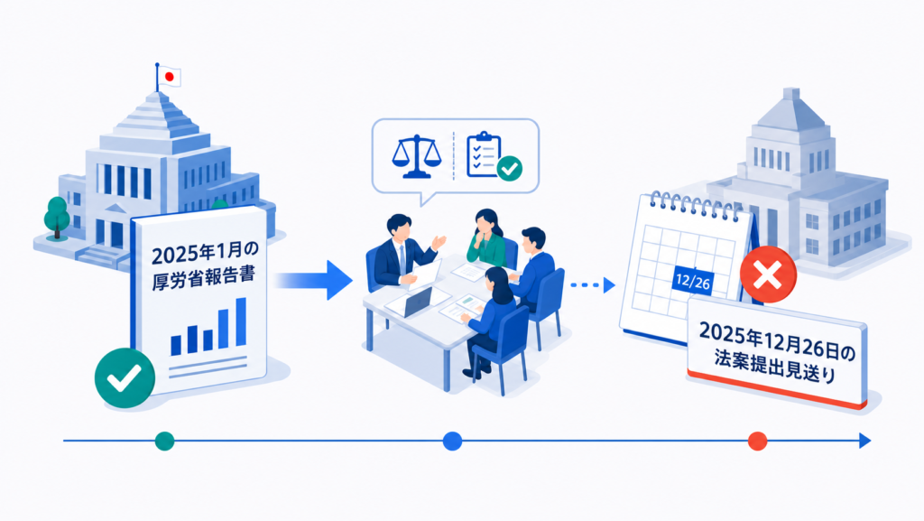 2025年1月の厚労省報告書から、同年12月26日の法案提出見送りまでの議論の流れを示す図解