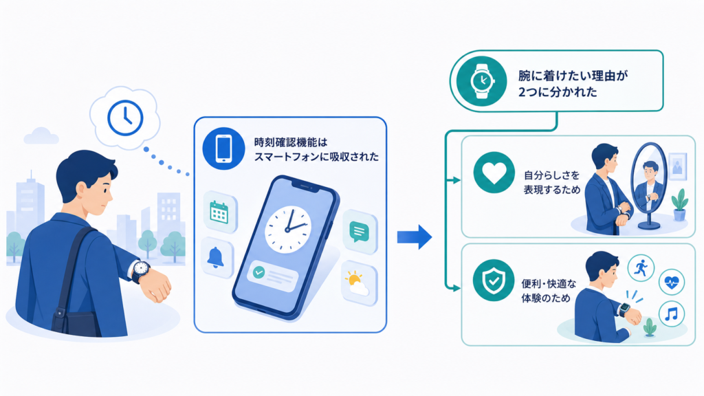 時刻確認機能はスマートフォンに吸収されたと腕に着けたい理由が2つに分かれたを中心に、この章で扱う要素の関係を整理した図解