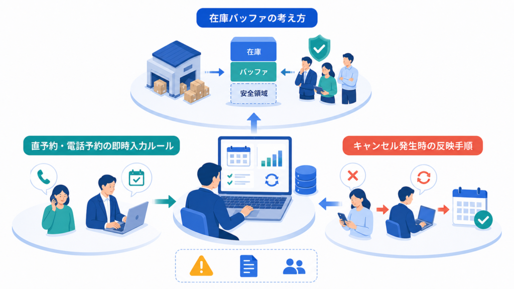 在庫バッファの考え方と直予約・電話予約の即時入力ルールを中心に、この章で扱う要素の関係を整理した図解