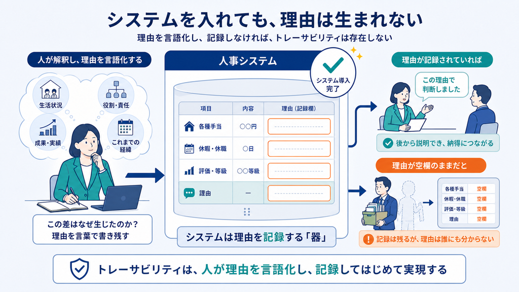 人事システムに待遇決定の記録欄があっても、担当者が理由を言語化して入力しなければ空欄のまま残り、説明可能性が生まれない構造