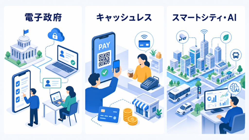 電子政府、キャッシュレス、スマートシティ・AIがDX先進国を支える構造を示す図解