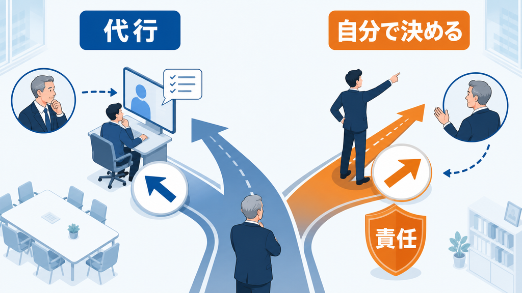 経営者の判断を代行する道と、後継者が自分で決めて責任を負う道の分岐