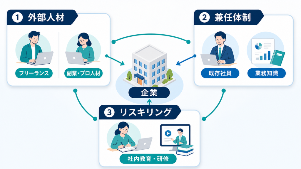 外部人材、既存社員の兼任、社内リスキリングを組み合わせる三つの体制