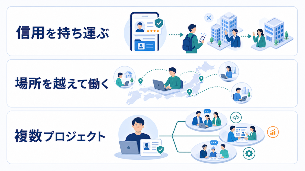 デジタルIDにより信用、働く場所、複数プロジェクトの選択肢が広がることを示す図解