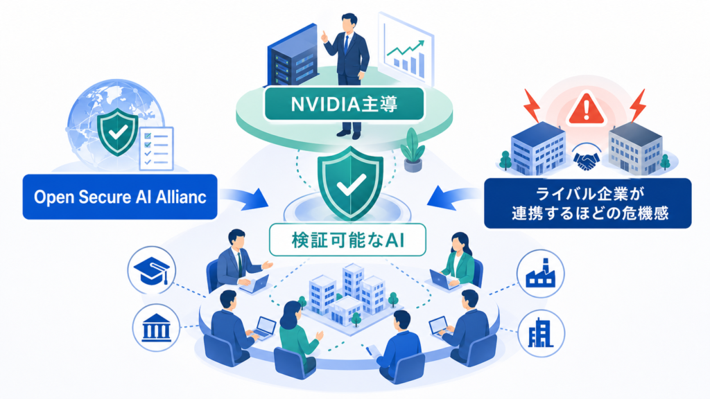 Open Secure AI Allianceの目的とライバル企業が連携するほどの危機感を中心に、この章で扱う要素の関係を整理した図解