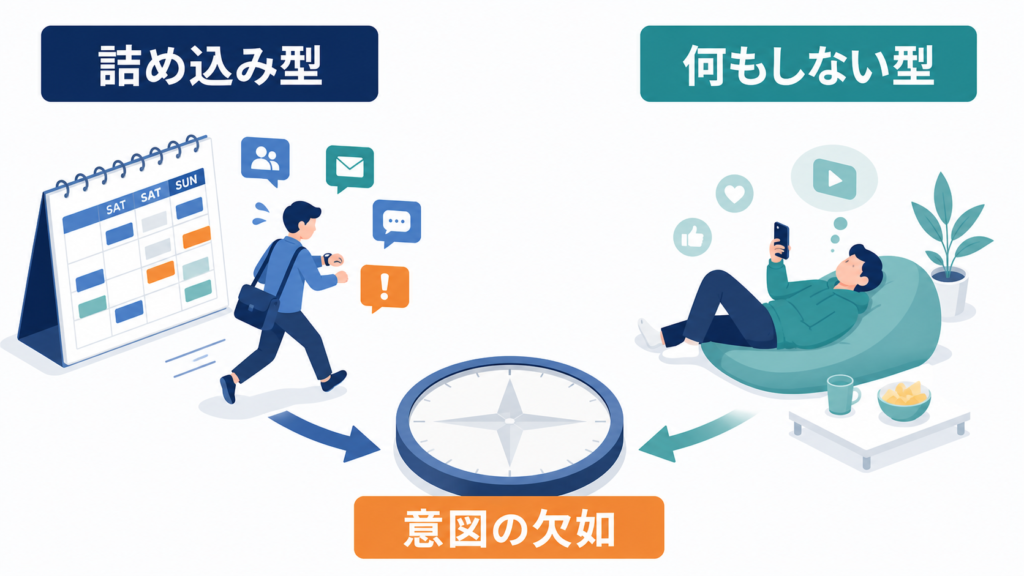 予定を詰め込む休日と何もしない休日が、どちらも意図の欠如へつながる関係図
