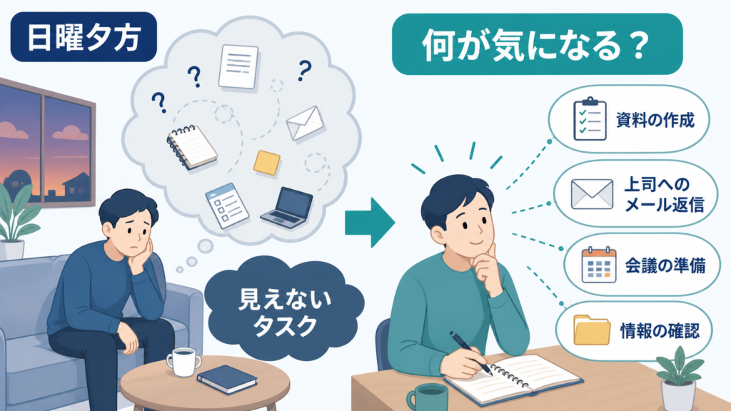 日曜夕方に頭の中で膨らむ見えないタスクを、具体的な仕事へ整理する様子