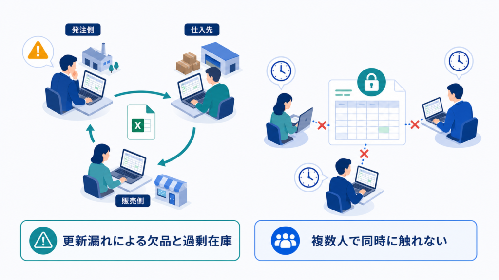更新漏れによる欠品と過剰在庫と複数人で同時に触れないを中心に、この章で扱う要素の関係を整理した図解