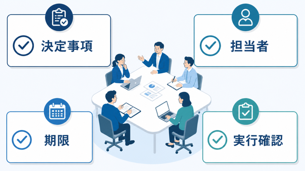 決定事項、担当者、期限、実行確認の四項目で自社の会議を点検する図解