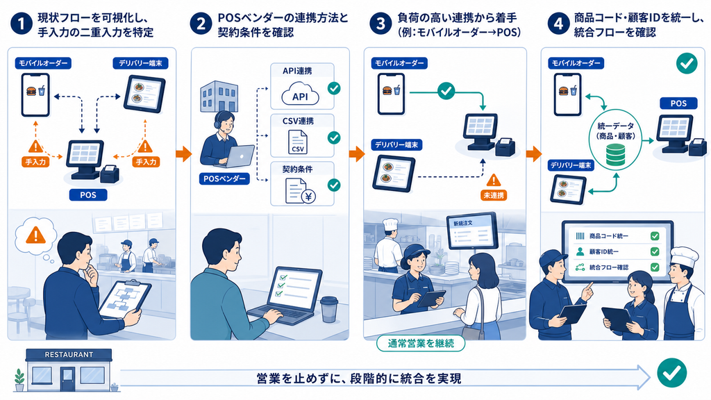 現在のデータ経路の把握、POS連携条件の確認、負担の大きい接点の連携、データ形式の統一を順に進める移行手順
