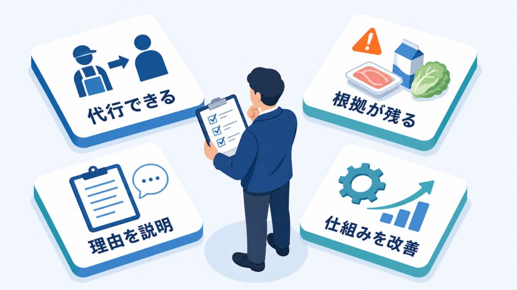 代行可否、判断根拠、理由説明、仕組み改善の四項目で発注体制を点検する図解