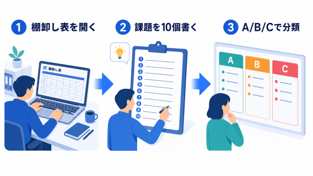 棚卸し表を開き、課題を10個書き、A・B・Cで分類する三つの実行手順を示す図解