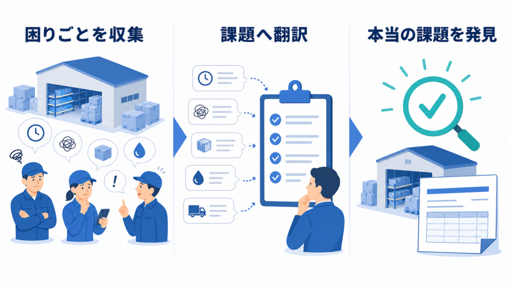 食品卸の困りごとを収集して課題へ翻訳し、本当の課題を発見する流れを示す図解