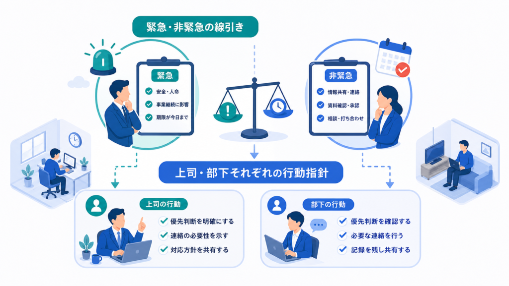 緊急・非緊急の線引きと上司・部下それぞれの行動指針を中心に、この章で扱う要素の関係を整理した図解