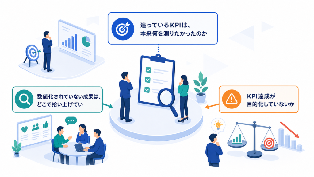 追っているKPIは、本来何を測りたかったのかと数値化されていない成果は、どこで拾い上げているかを中心に、この章で扱う要素の関係を整理した図解