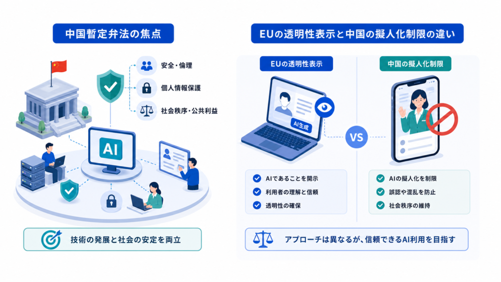 中国暫定弁法の焦点とEUの透明性表示と中国の擬人化制限の違いを中心に、この章で扱う要素の関係を整理した図解
