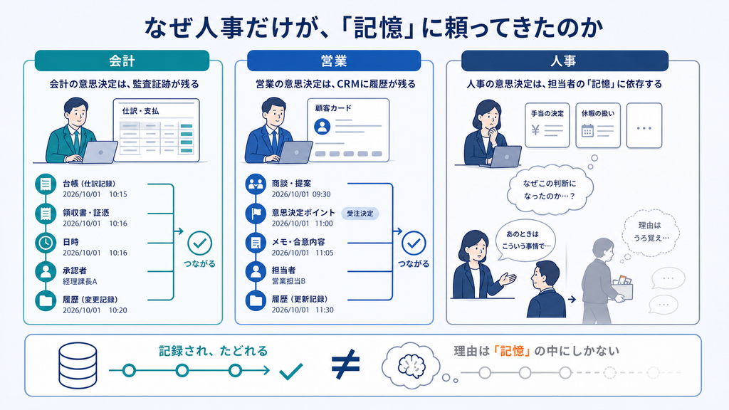 会計と営業では意思決定の履歴が記録される一方、人事の待遇決定理由だけが担当者の記憶や口頭伝承に依存してきた非対称性