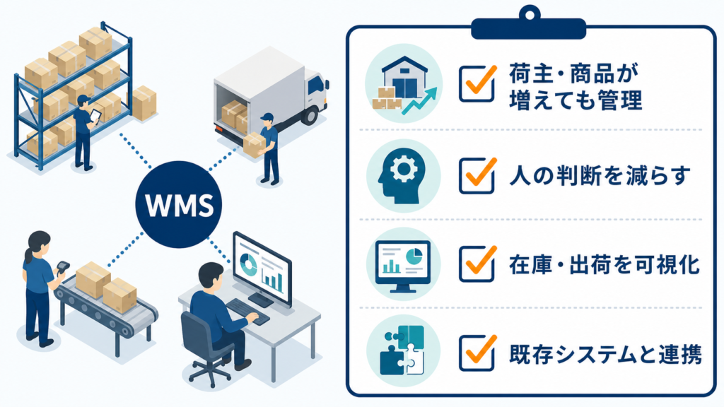 荷主・商品の増加、人の判断、在庫可視化、既存システム連携でWMSを選ぶ図解