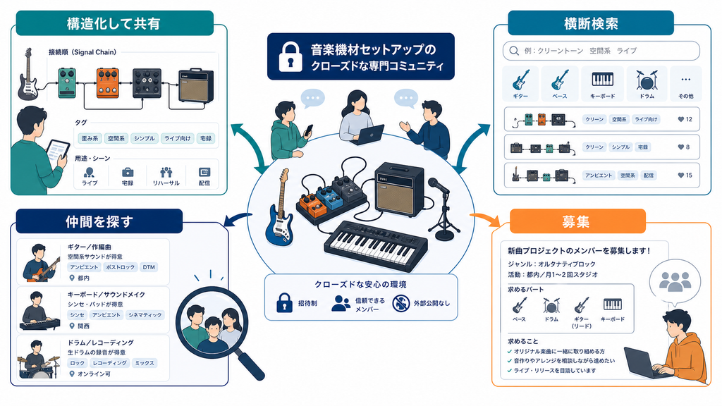 音楽機材の接続順や用途を構造化して共有し、横断検索や仲間探し、募集につなげる場