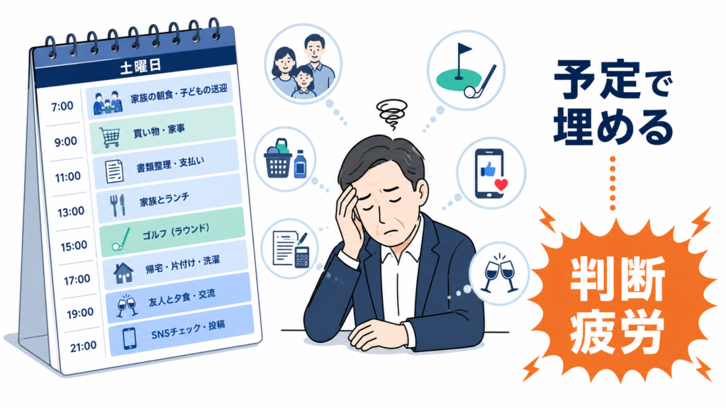 家族の予定や雑務で埋まった休日の予定表を前に、判断疲労を抱える経営者の様子