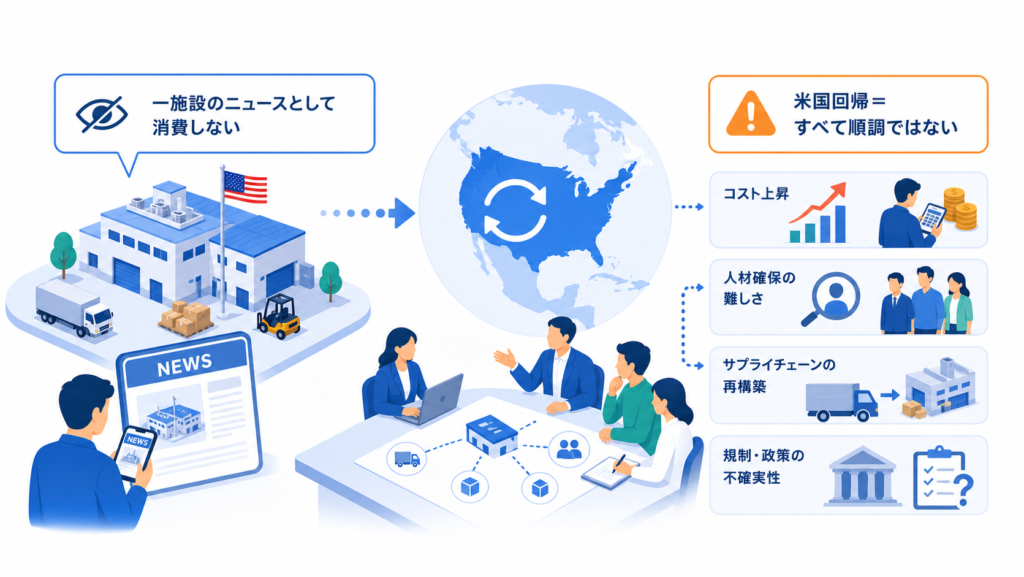 一施設のニュースとして消費しないと米国回帰=すべて順調ではないを中心に、この章で扱う要素の関係を整理した図解