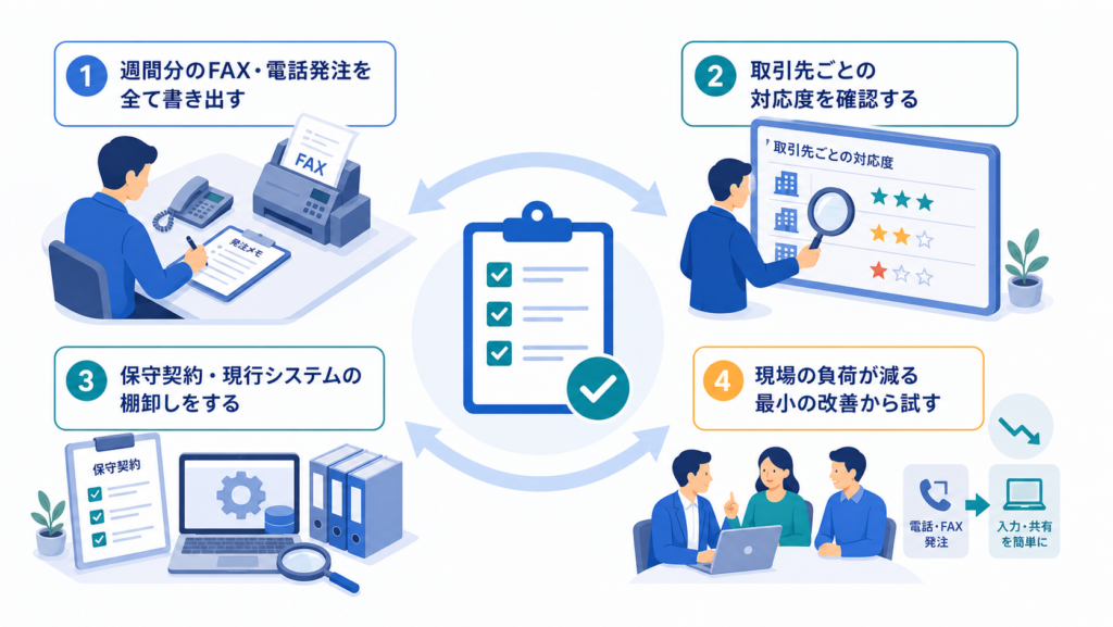 一週間分のFAX・電話発注を全て書き出すと取引先ごとの対応度を確認するを中心に、この章で扱う要素の関係を整理した図解