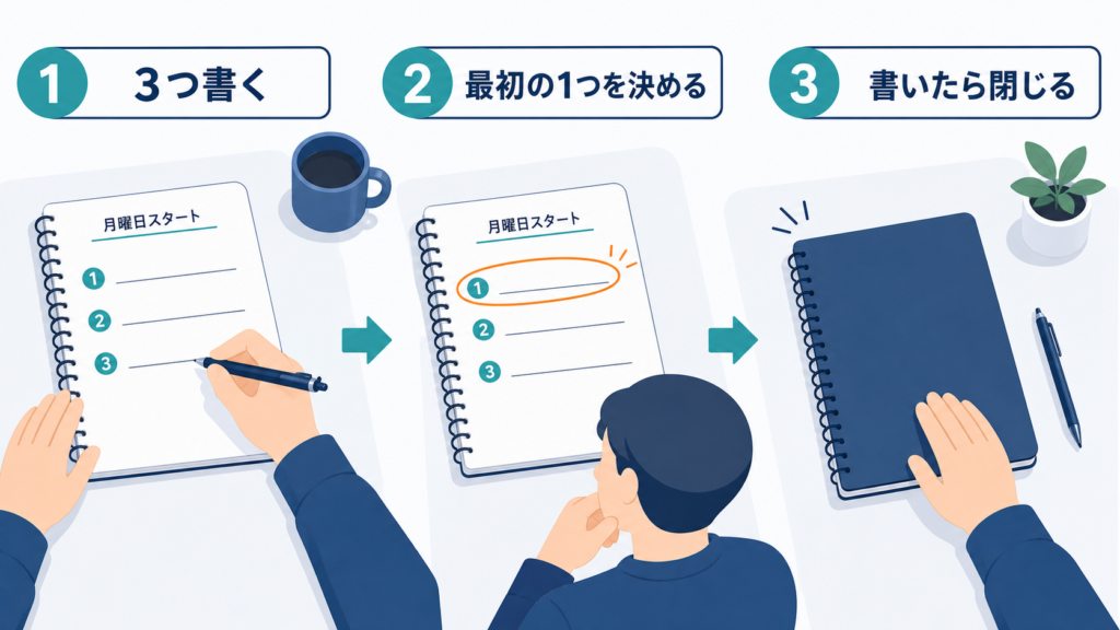 月曜に始めることを3つ書き出し、最初1つを決めてノートを閉じる手順