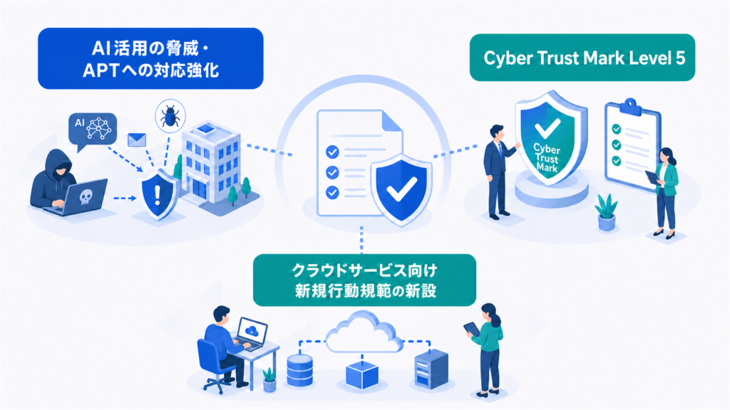 AI活用の脅威・APTへの対応強化、Cyber Trust Mark Level 5認証の義務化、クラウドサービス向け新規行動規範の新設という章の要点を、人物・業務・情報の関係で整理した図解
