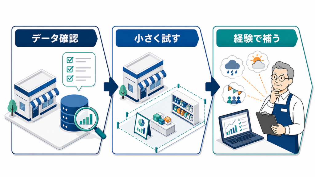 データ確認、小規模な試行、ベテラン経験での補完という自動発注導入の進め方