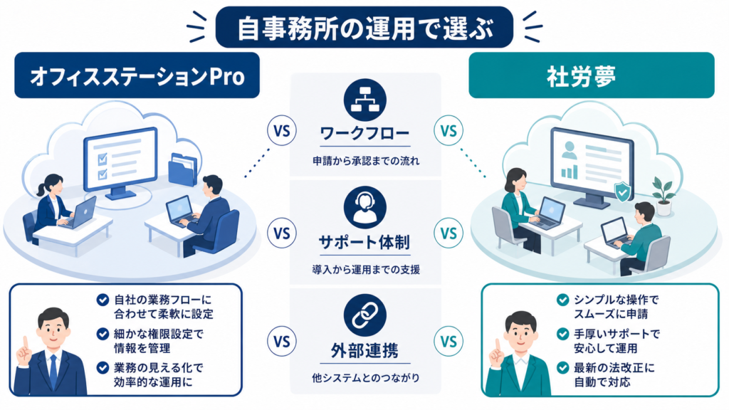 二つの電子申請クラウドをワークフロー、支援、連携と自事務所の運用で比較する図解