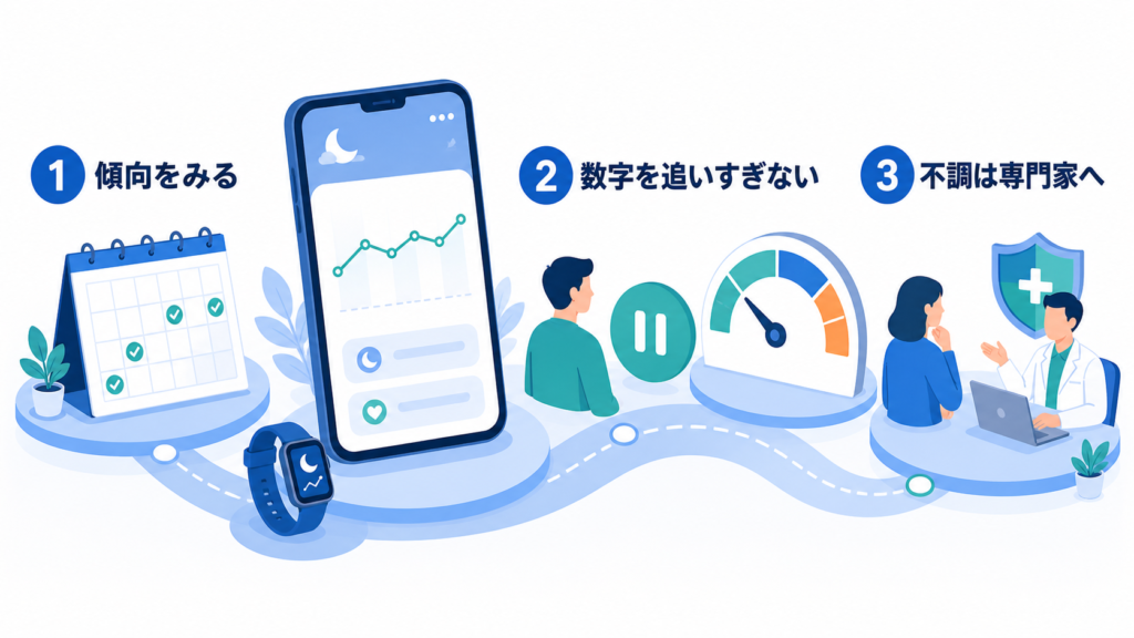 睡眠データは傾向把握に使い、数字を追いすぎず、不調時は専門家へ相談する流れを示した図解