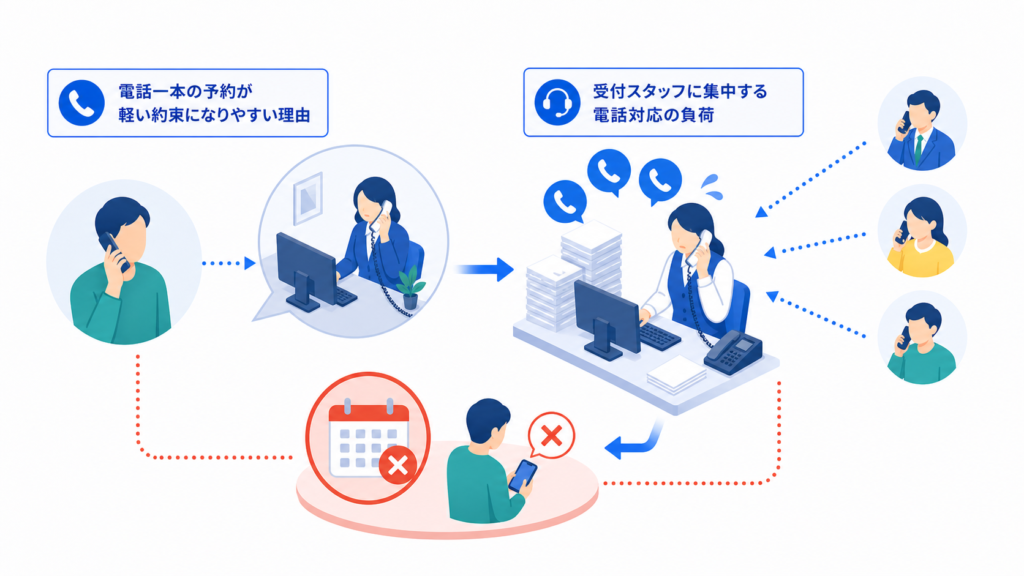 電話一本の予約が軽い約束になりやすい理由と受付スタッフに集中する電話対応の負荷を中心に、この章で扱う要素の関係を整理した図解