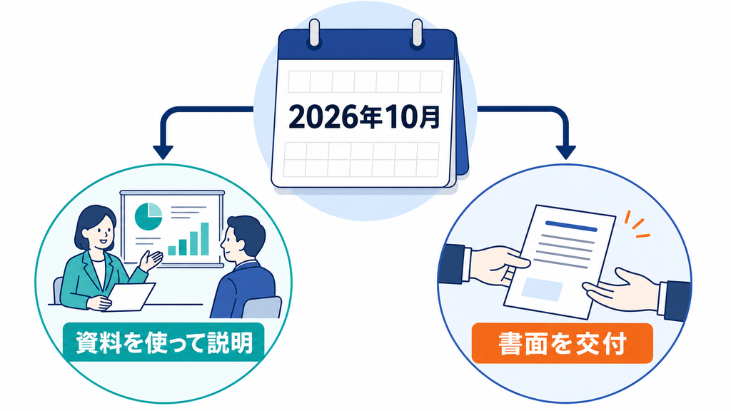2026年10月から、資料を使った口頭説明または書面交付が必要になる変更を示す図解