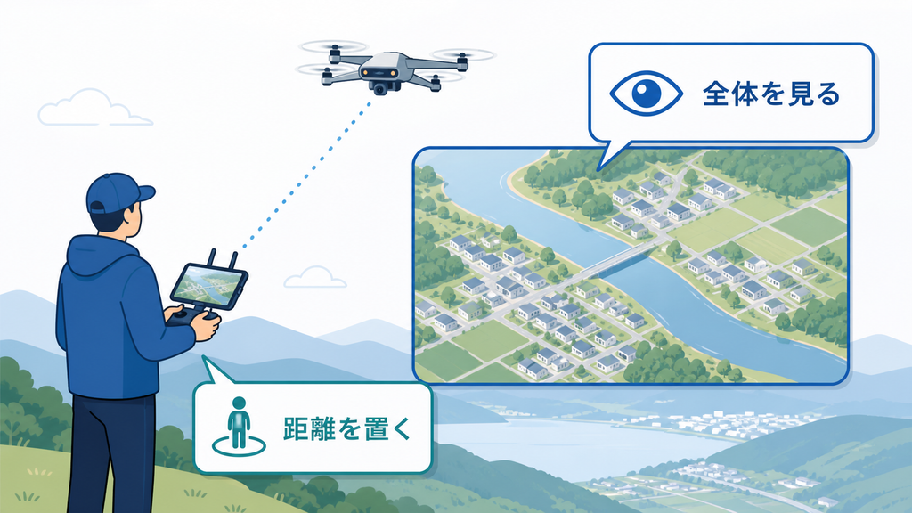 ドローン撮影で物理的に距離を置き、街や業務の全体を見る感覚を養う様子