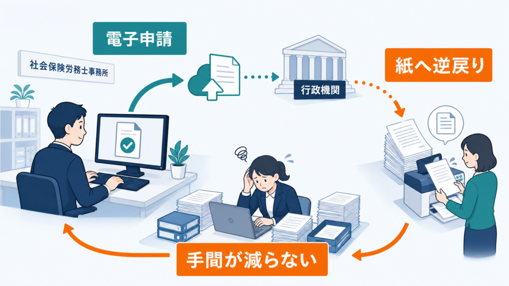 電子申請システムがありながら紙処理へ戻り、事務所の手間が減らない循環