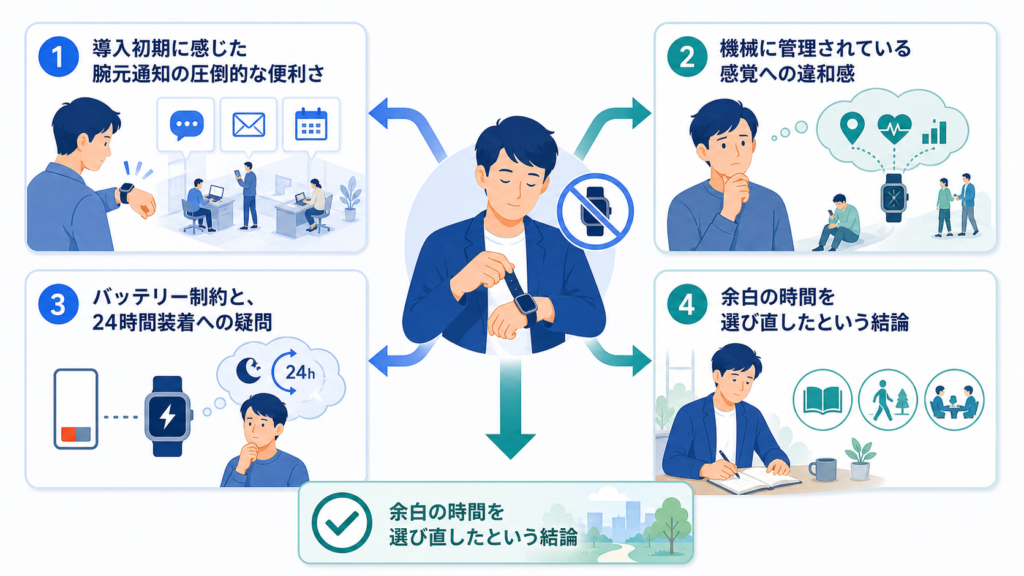 導入初期に感じた腕元通知の圧倒的な便利さと機械に管理されている感覚への違和感を中心に、この章で扱う要素の関係を整理した図解