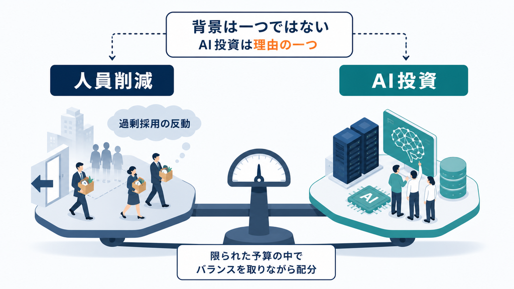 人員削減とAI投資の予算配分を示し、過剰採用の反動など複数要因もあることを表す図解